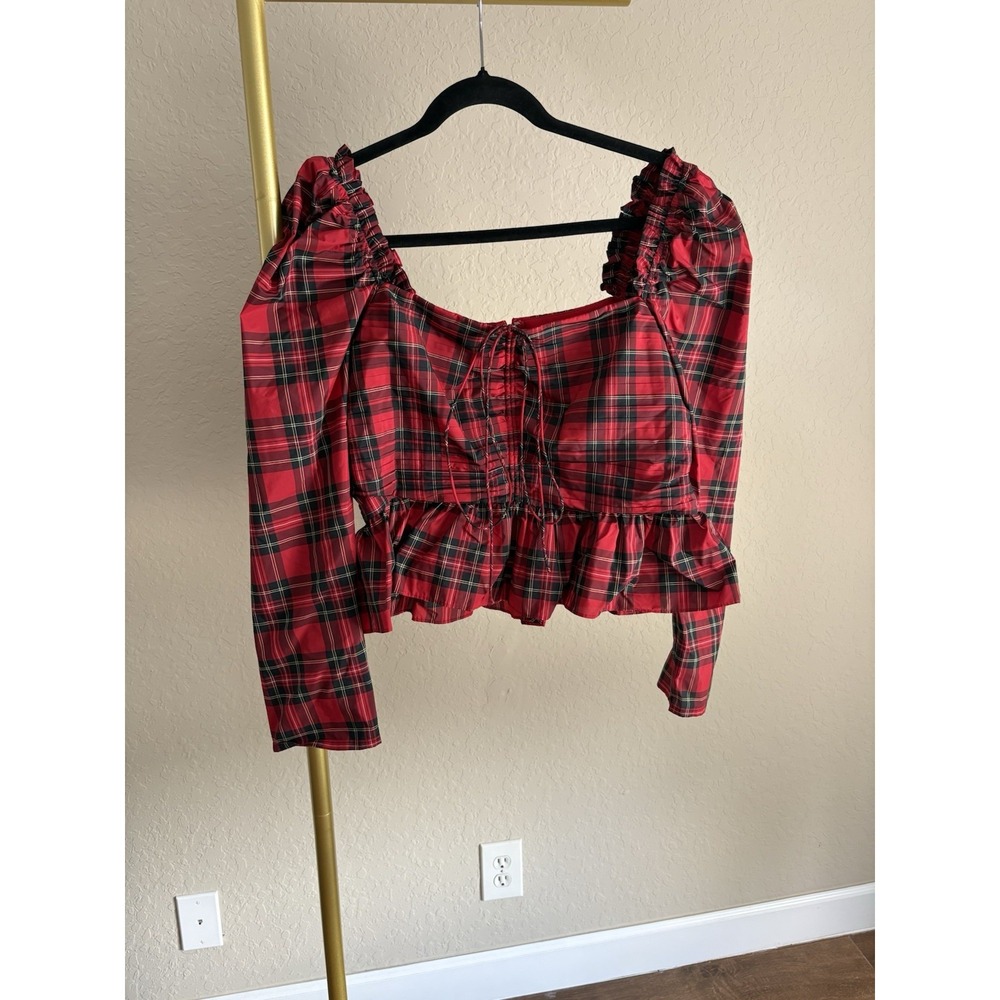 Antonio Melani Women's Plaid Babydoll Milkmaid Top Size 12 Holiday Coquette